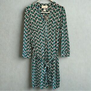 Donna Morgan Size 12 Geometric Shirt Dress Belted Teal Navy Office Comfortable